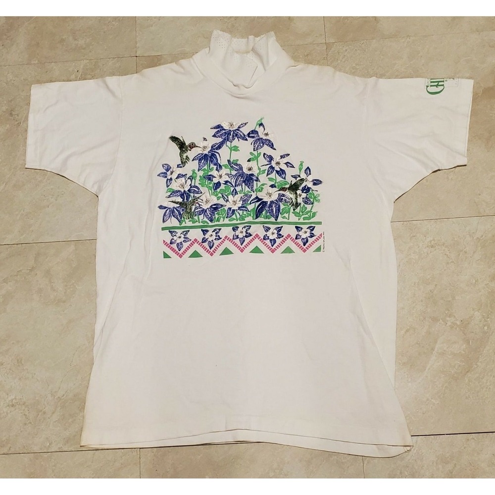 Vtg 90s Pacific Splash Flower Hummingbird Embroidered Graphic T Shirt‎ L XL